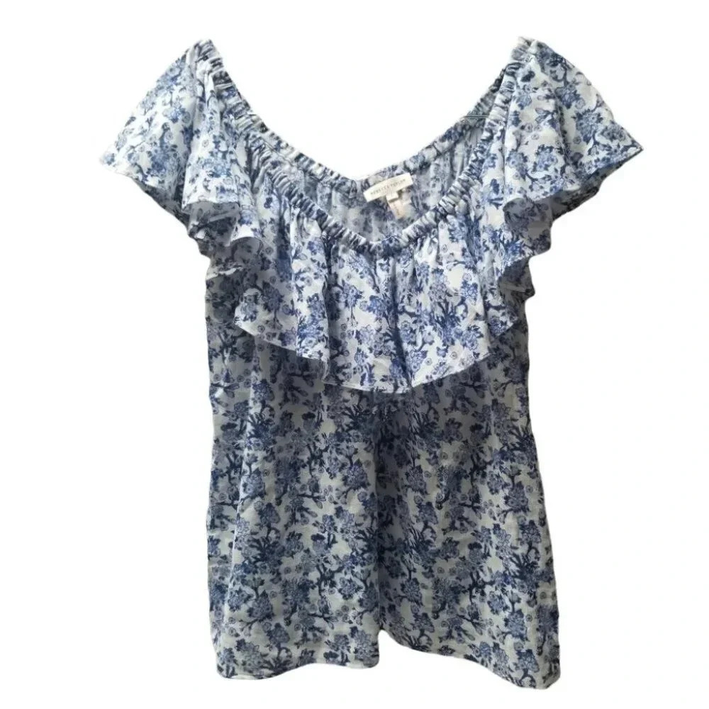 Rebecca Taylor Blue White Floral Ruffle Top Cotton Blouse 6